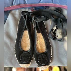 Tory Burch women's black flats, woven blend, long wrap around ankle straps